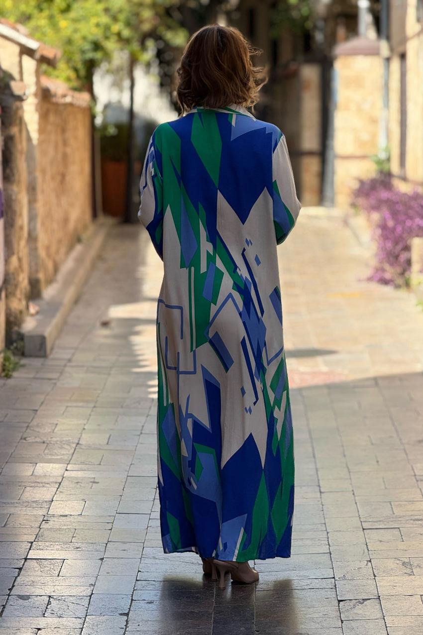 Mavi Geometrik Desenli %100 Pamuk Viskon Gömlek Elbise