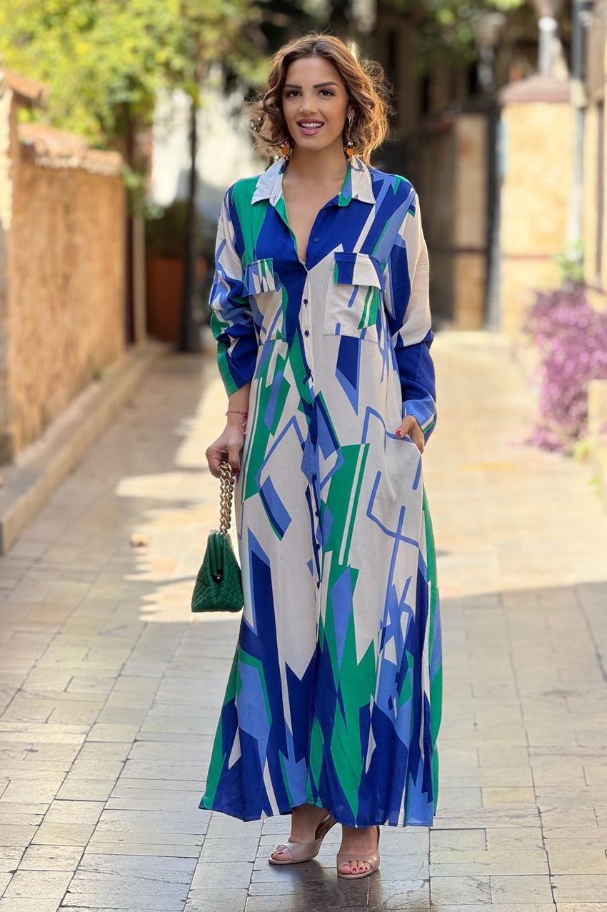 Mavi Geometrik Desenli %100 Pamuk Viskon Gömlek Elbise