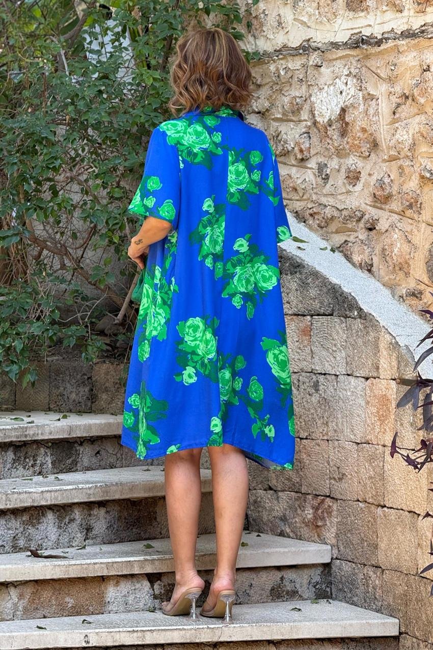 Mavi Gül Desen Gömlek Yaka %100 Pamuk Viskon Elbise
