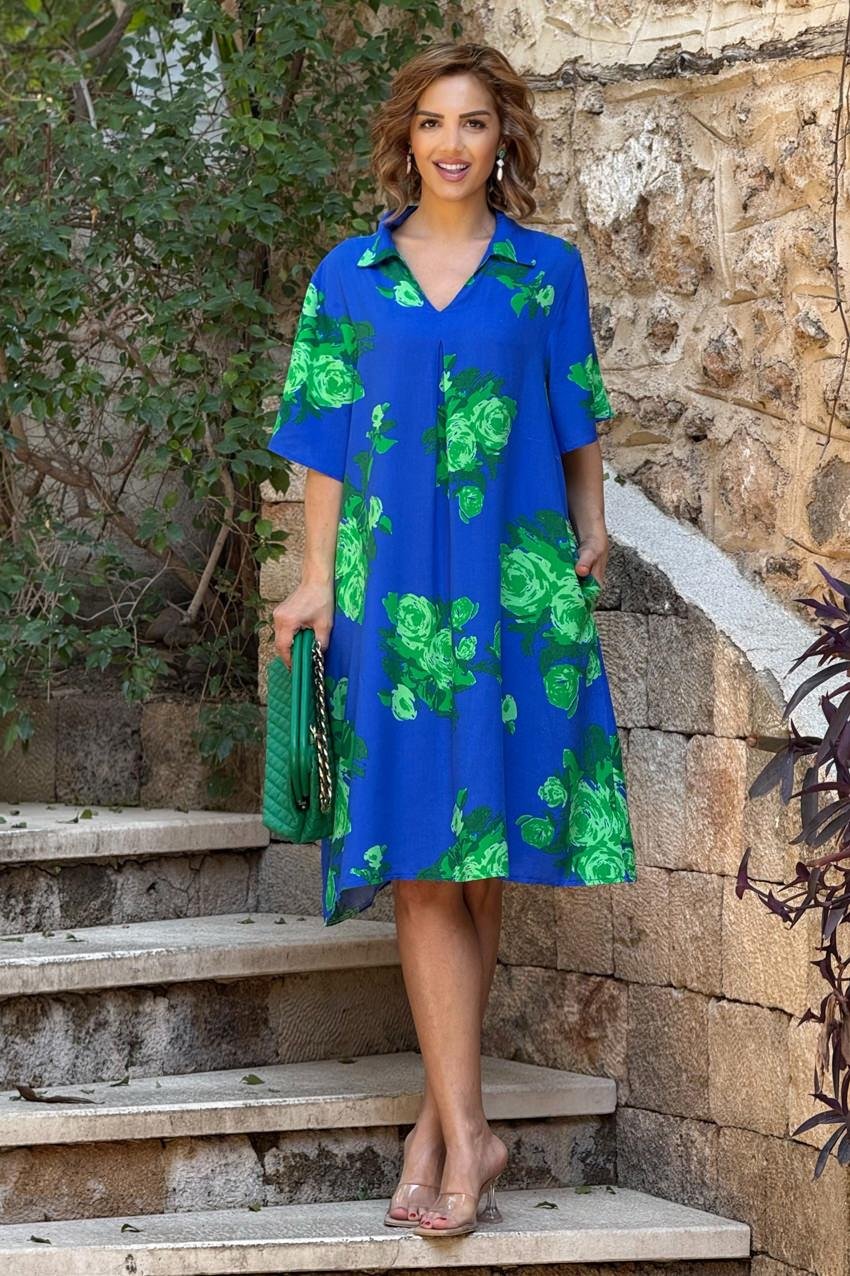 Mavi Gül Desen Gömlek Yaka %100 Pamuk Viskon Elbise