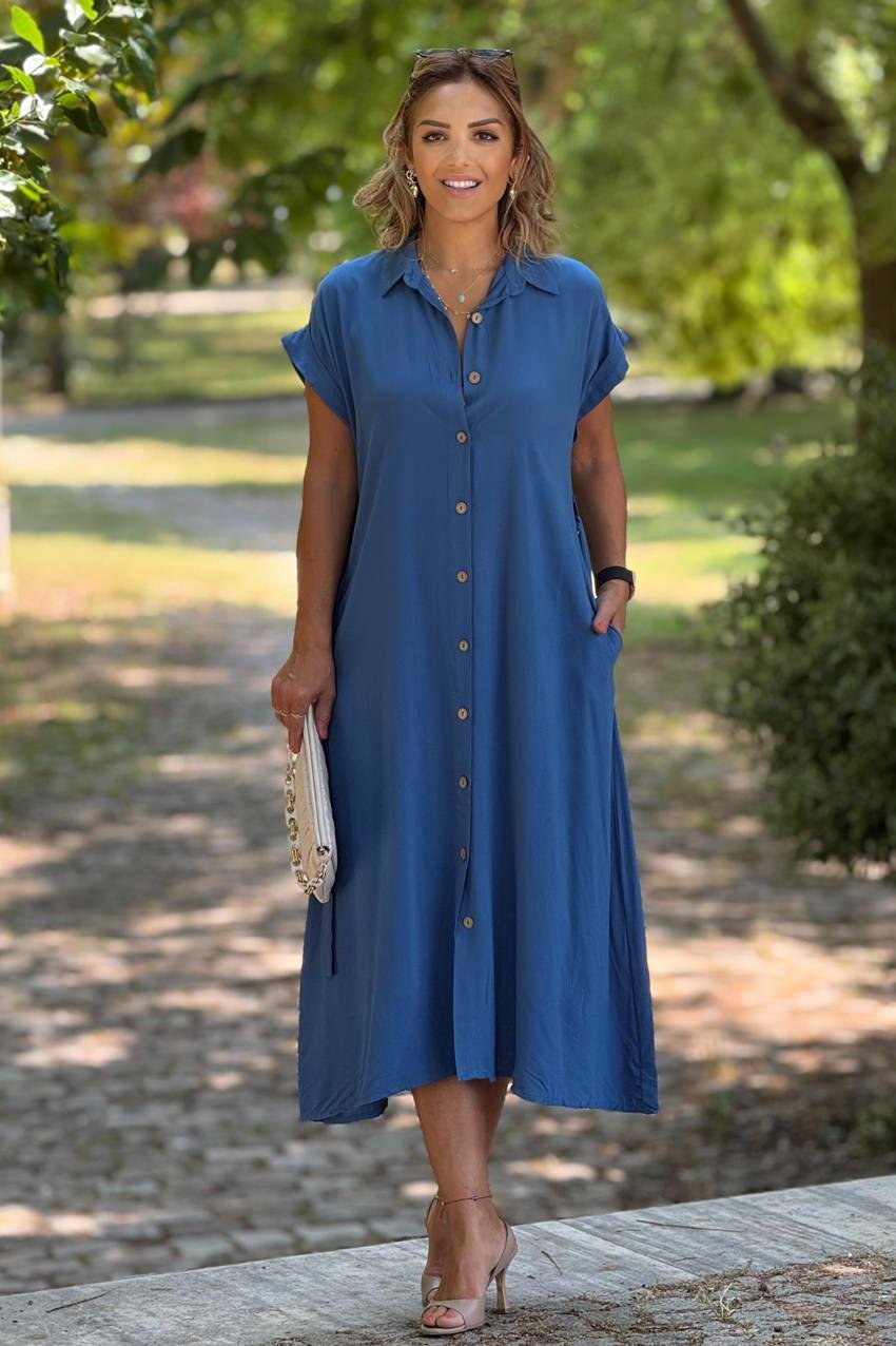 Mavi Kemerli Tahta Düğmeli Gömlek Elbise