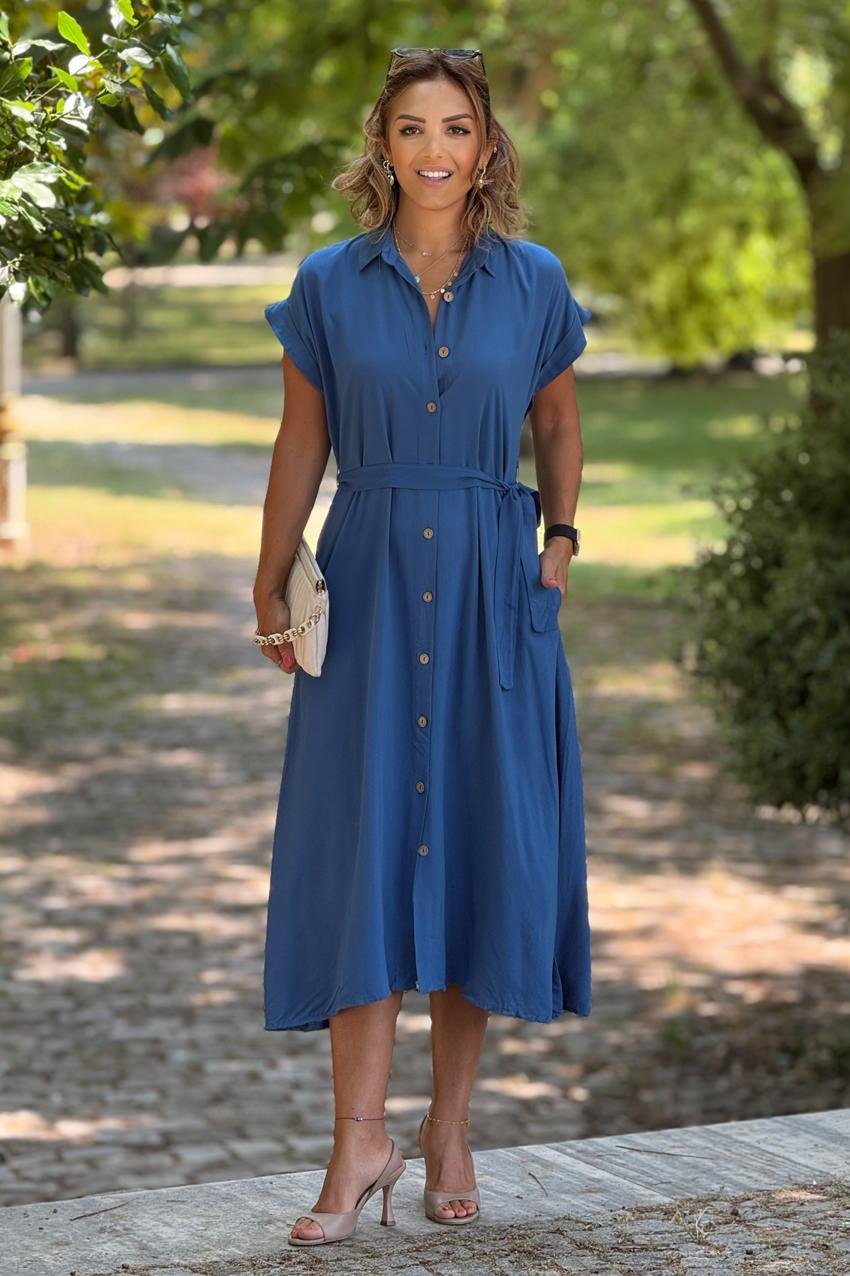 Mavi Kemerli Tahta Düğmeli Gömlek Elbise