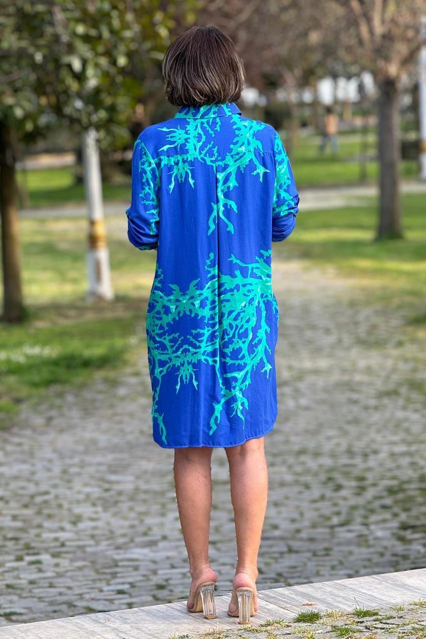 Mavi OKYANUS Desenli Midi Boy %100 Pamuk Gömlek Elbise
