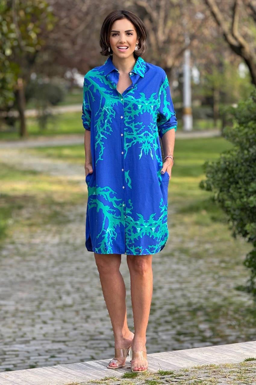 Mavi OKYANUS Desenli Midi Boy %100 Pamuk Gömlek Elbise