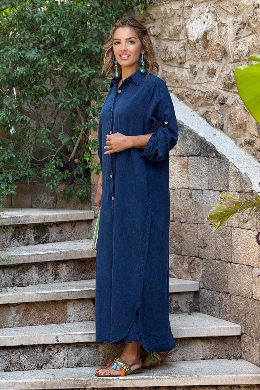 Mavi Parça Boya Gömlek Elbise