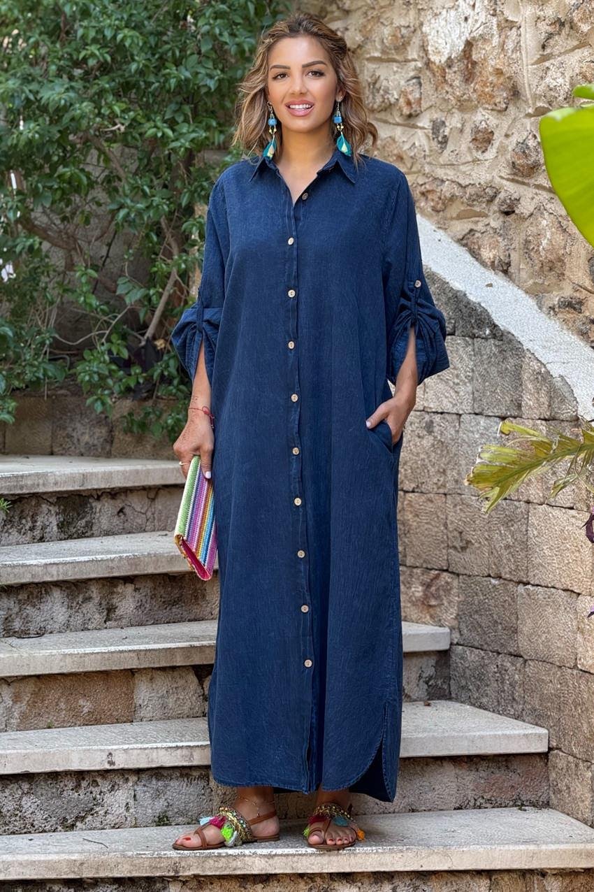 Mavi Parça Boya Gömlek Elbise