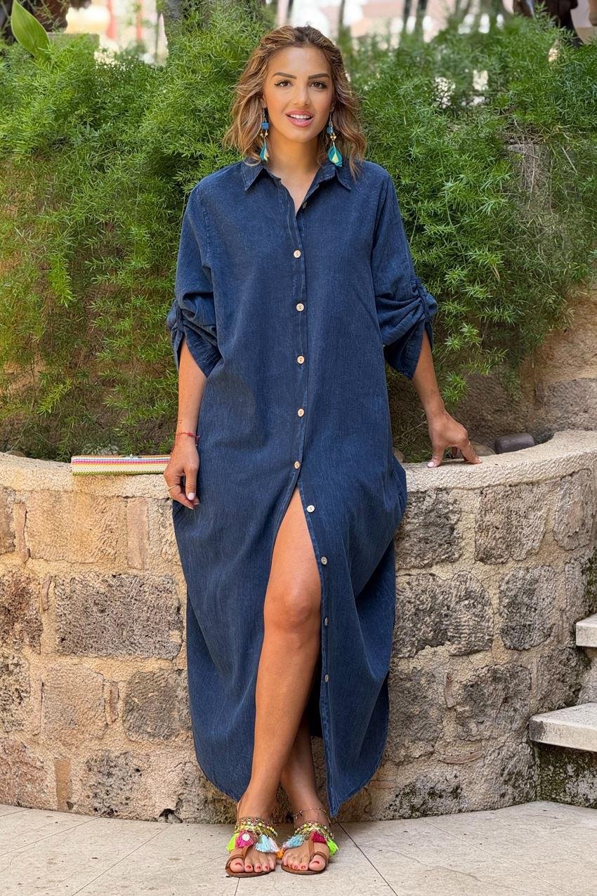 Mavi Parça Boya Gömlek Elbise