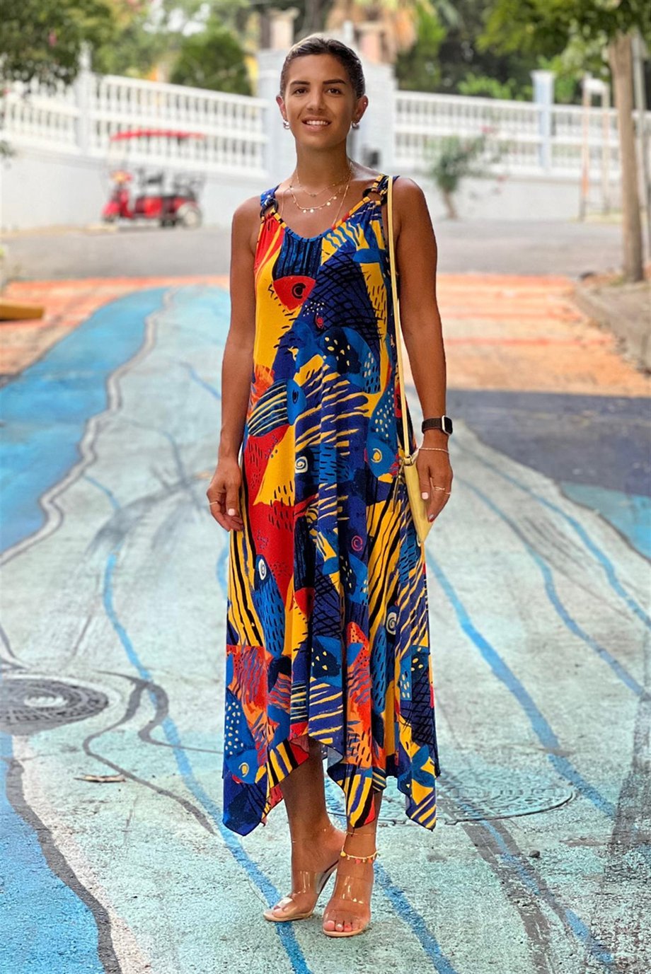 MAVİ Picasso Desenli Tokalı Yazlık Elbise