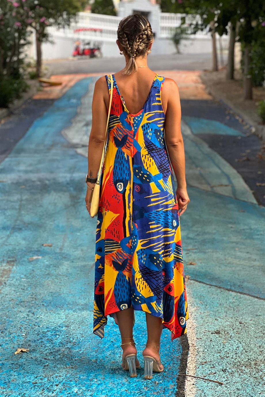 MAVİ Picasso Desenli Tokalı Yazlık Elbise