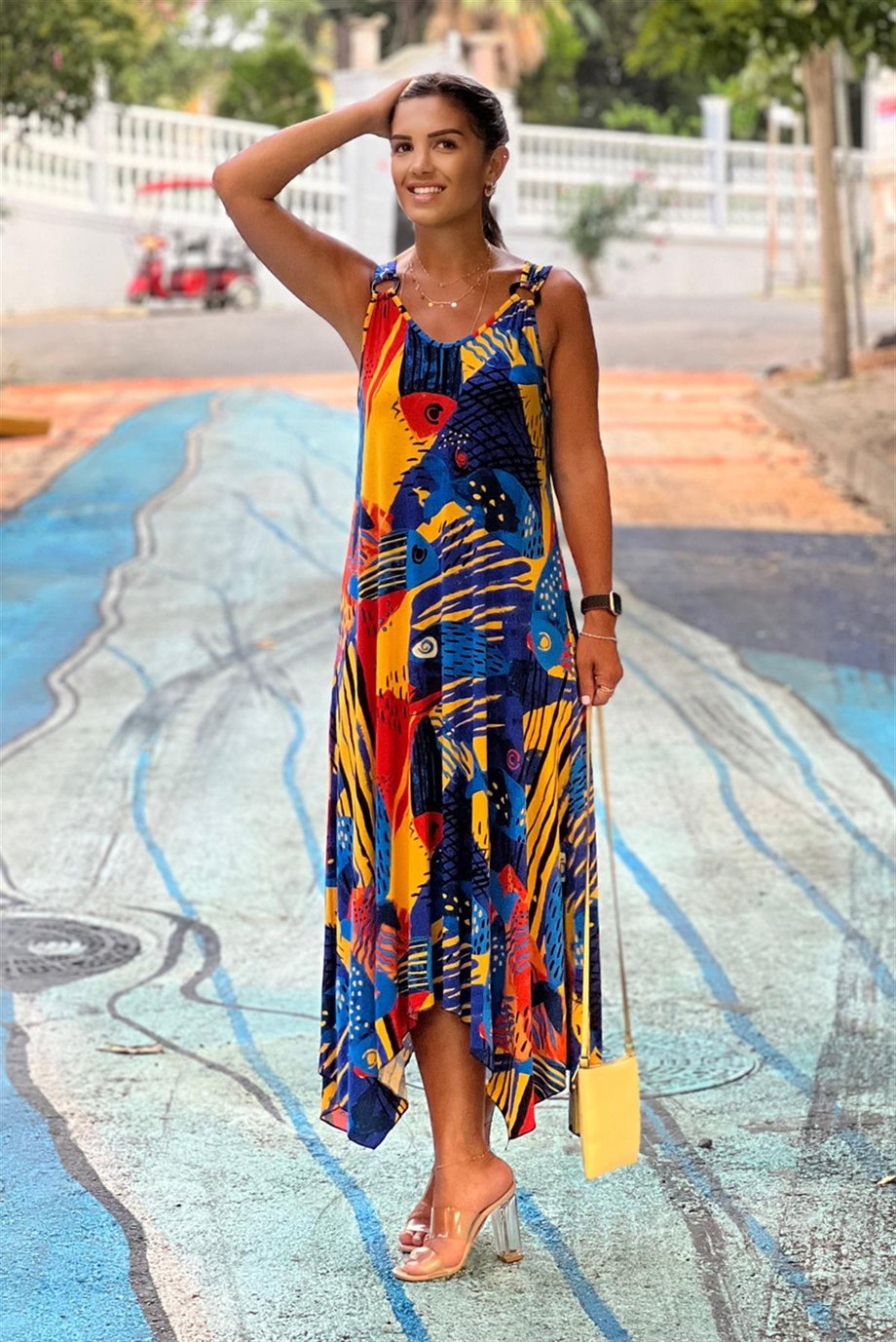 MAVİ Picasso Desenli Tokalı Yazlık Elbise