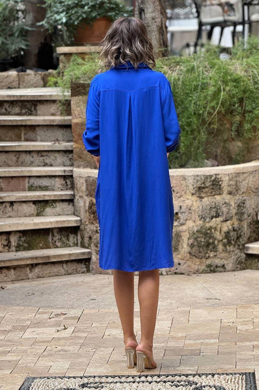 Mavi Renk %100 Pamuk Midi Boy Gömlek Elbise