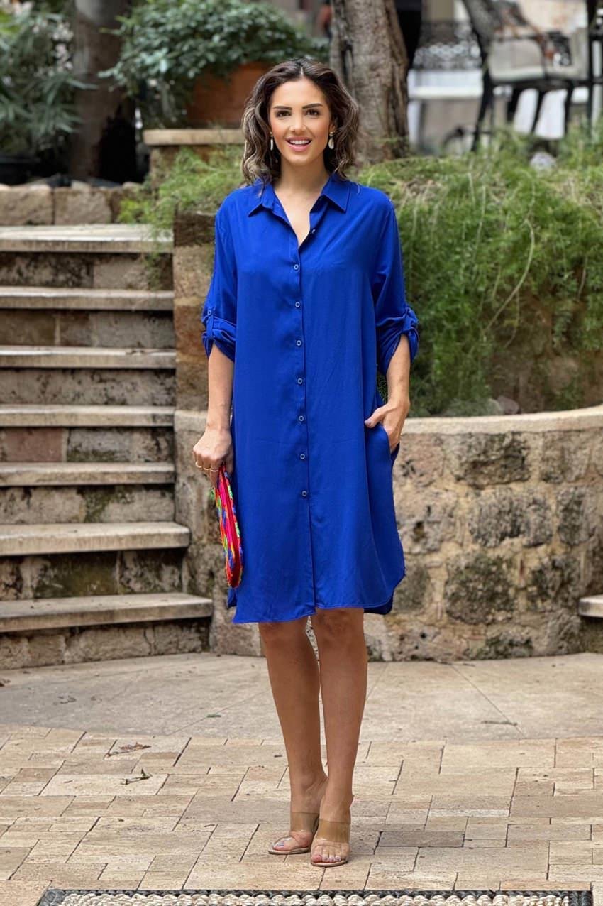 Mavi Renk %100 Pamuk Midi Boy Gömlek Elbise