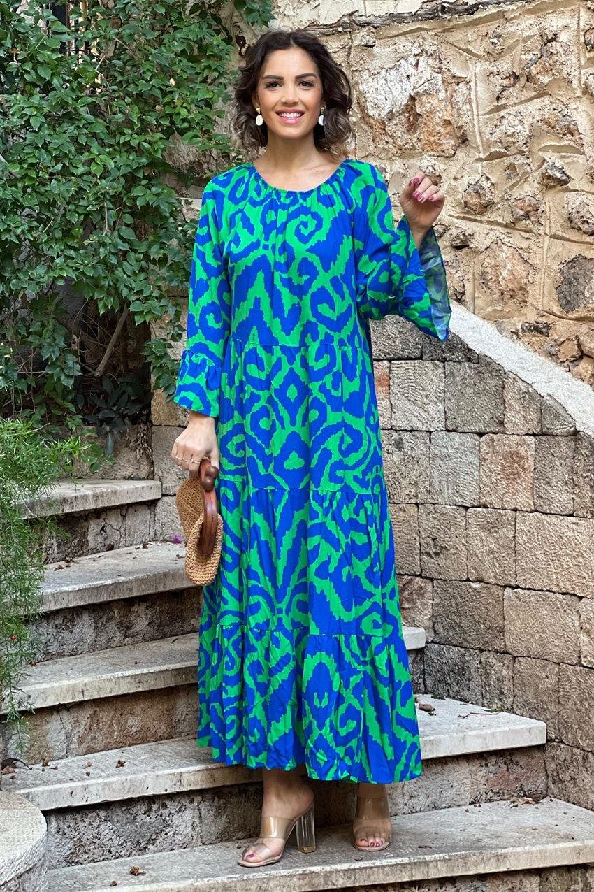 Mavi Renk Aspen Desenli Madonna Yaka Elbise