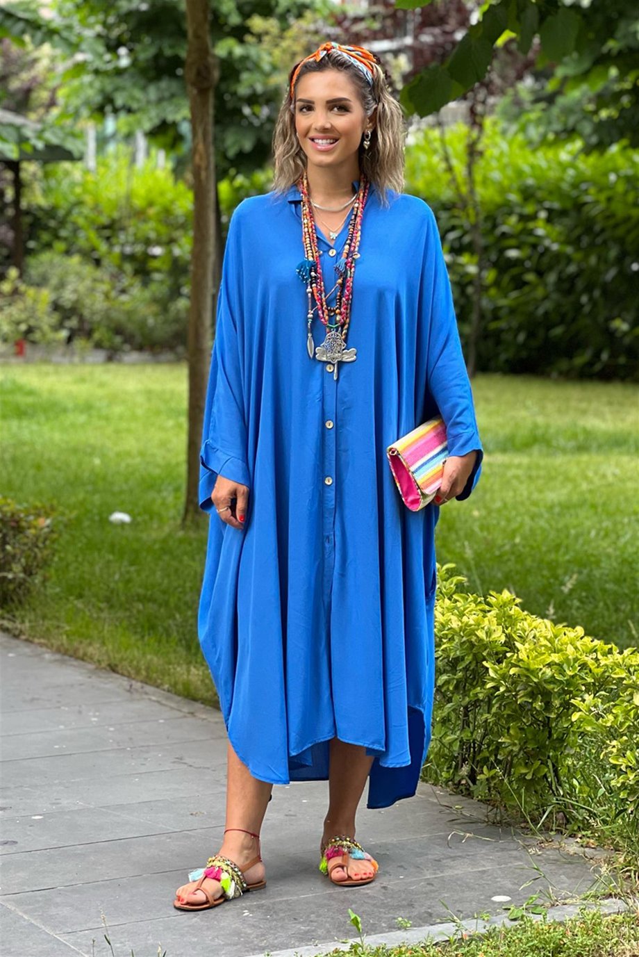Mavi Renk Büyük Beden Salaş Gömlek Elbise