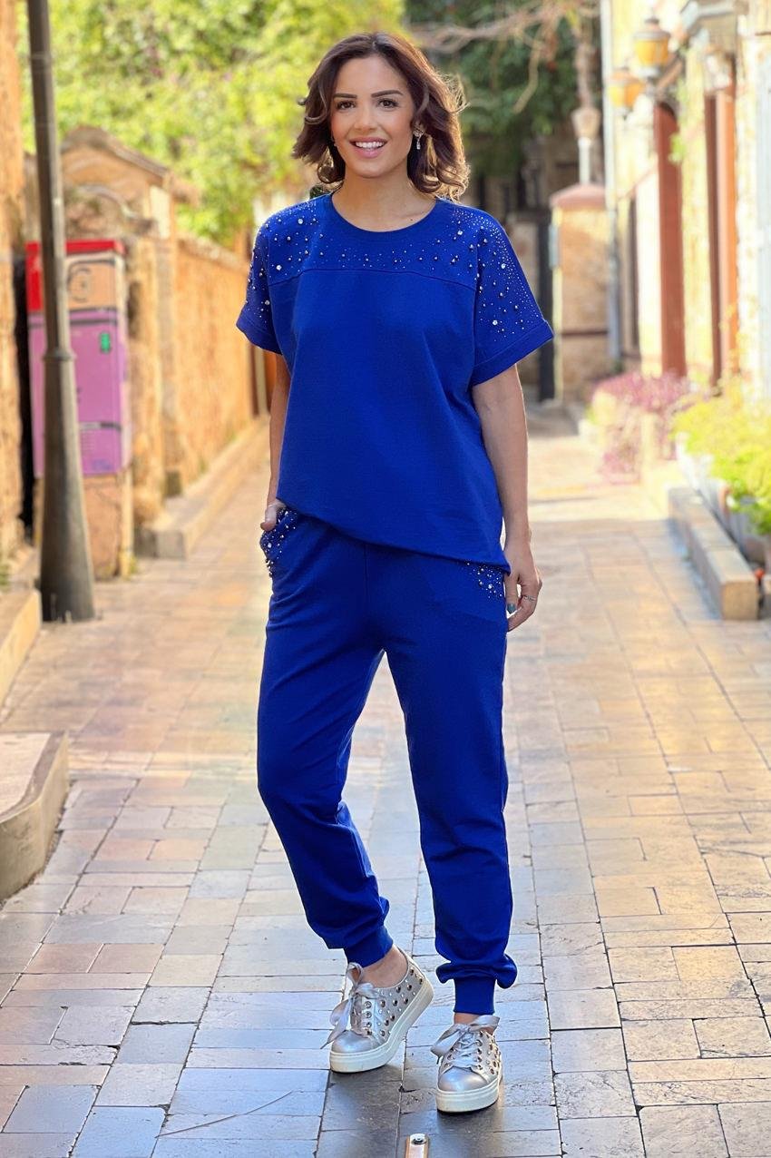 Mavi Renk Gümüş Taşlı Kısa Kollu Eşofman Takım