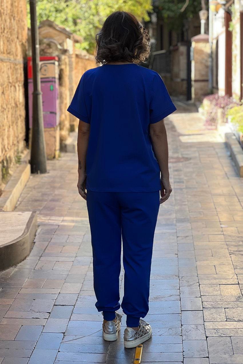 Mavi Renk Gümüş Taşlı Kısa Kollu Eşofman Takım