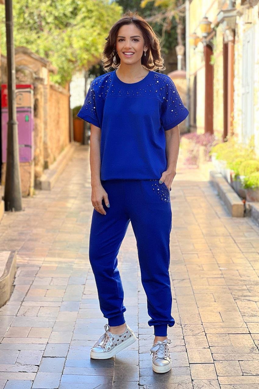 Mavi Renk Gümüş Taşlı Kısa Kollu Eşofman Takım