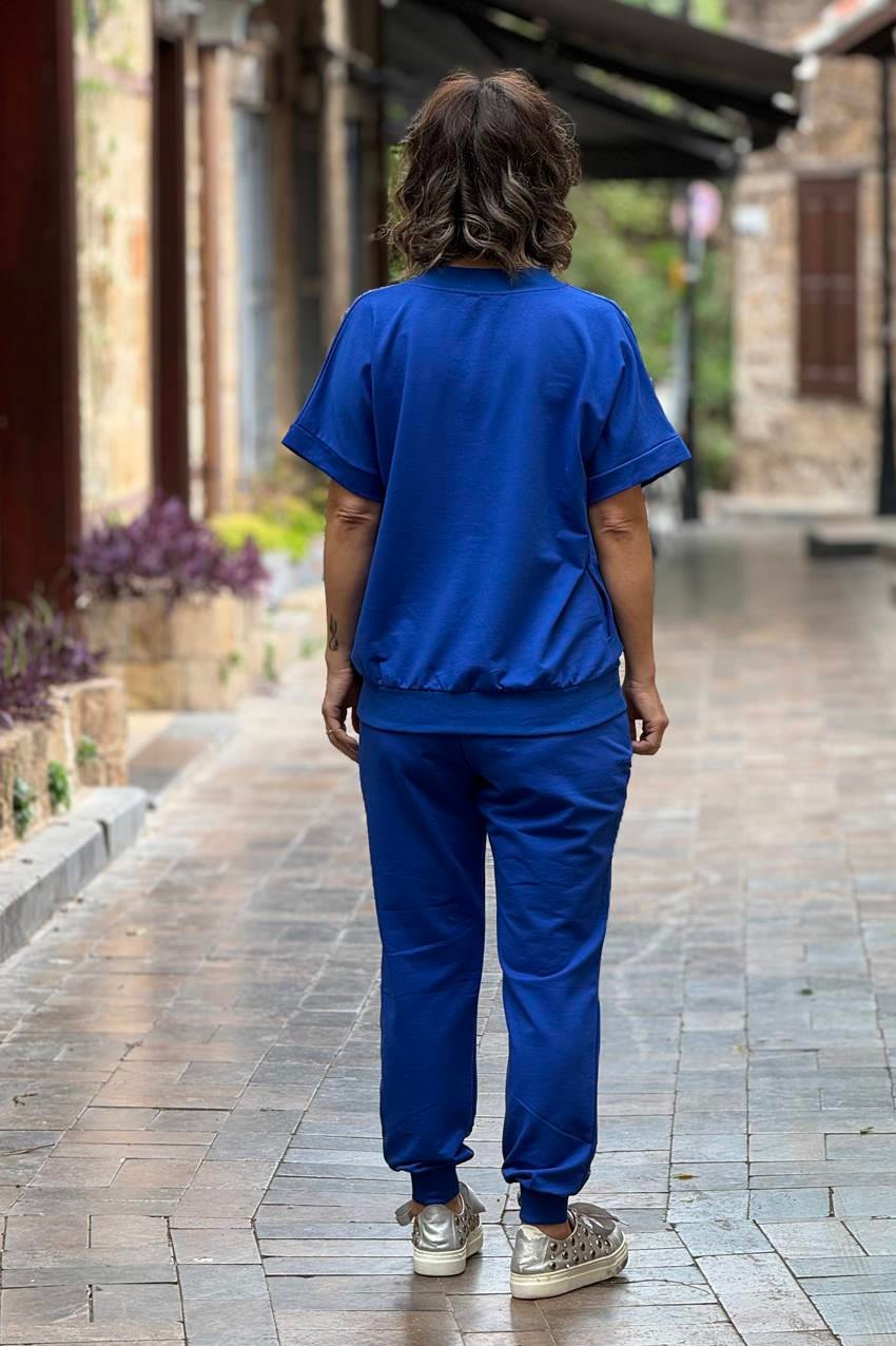 Mavi Renk Omuz Dekolteli %100 Pamuk Eşofman Takım