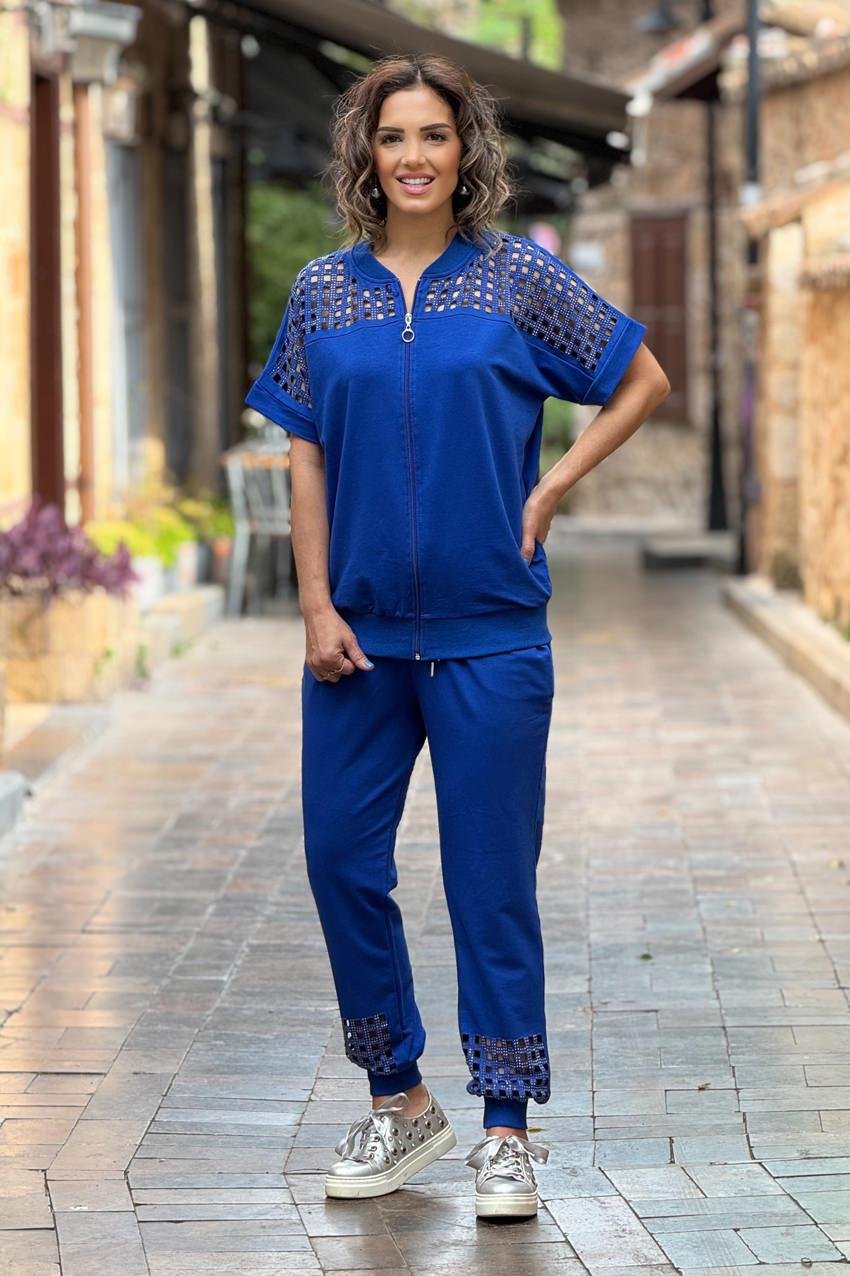 Mavi Renk Omuz Dekolteli %100 Pamuk Eşofman Takım