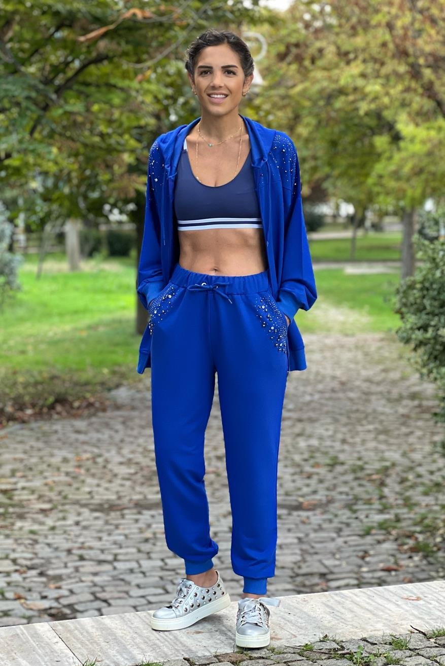 MAVİ Renk Omuz ve Cebi Taş Detaylı Eşofman Takım
