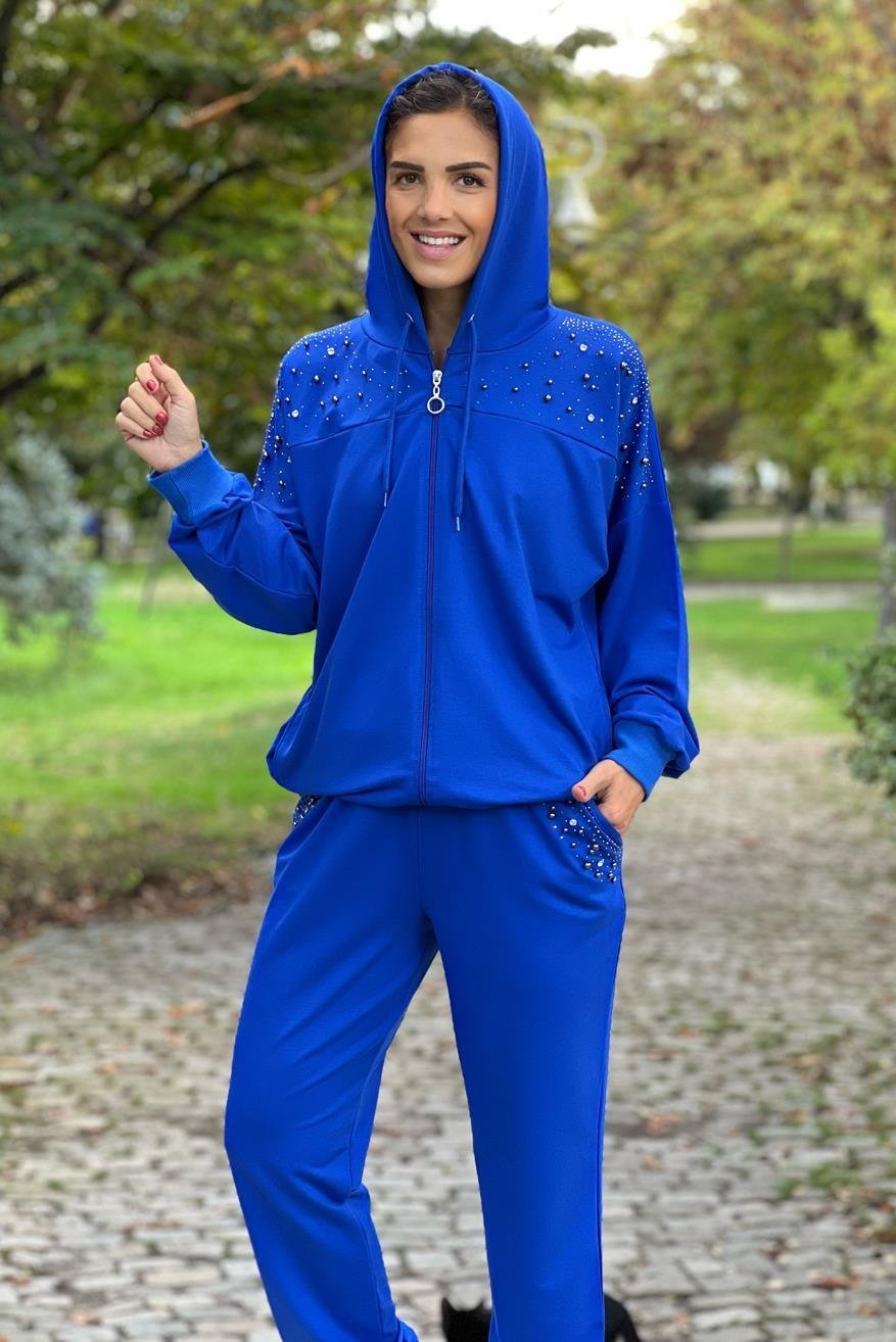 MAVİ Renk Omuz ve Cebi Taş Detaylı Eşofman Takım