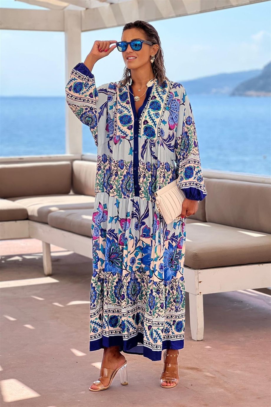 Mavi Renk Portofino Desenli Uzun Elbise