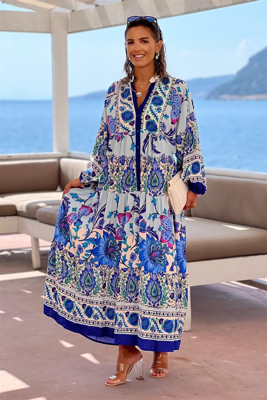 Mavi Renk Portofino Desenli Uzun Elbise