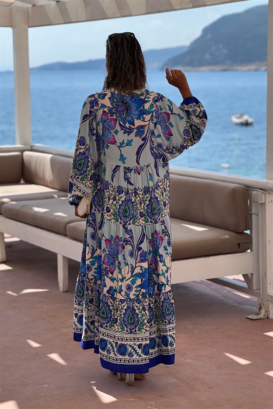 Mavi Renk Portofino Desenli Uzun Elbise