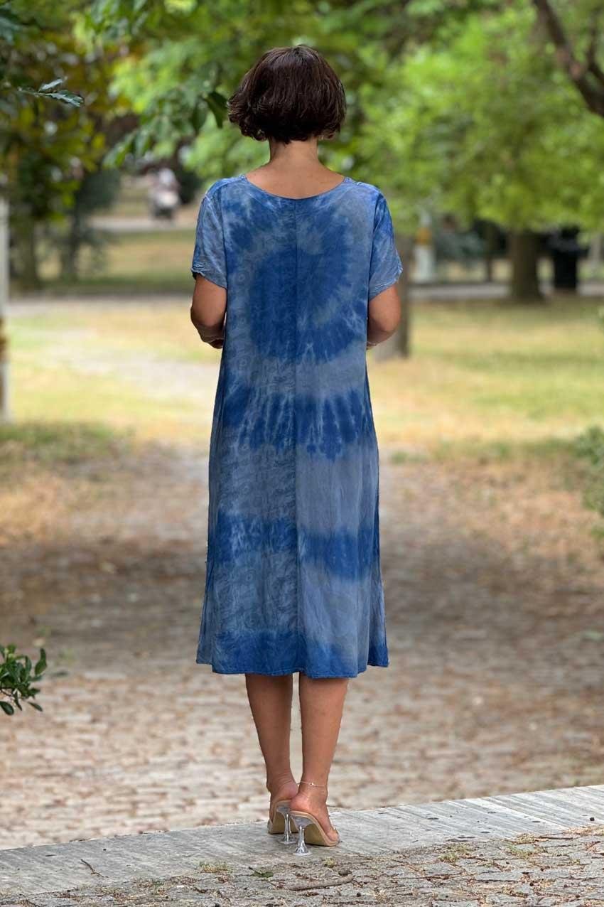 Mavi Turkuaz %100 Pamuk Yazlık V Yaka Batik Elbise