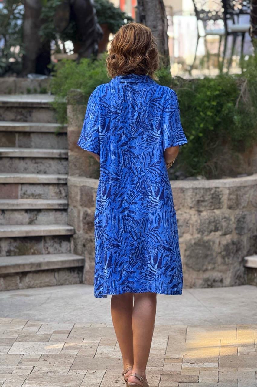 Mavi Yaprak Desen Gömlek Yaka %100 Pamuk Viskon Elbise