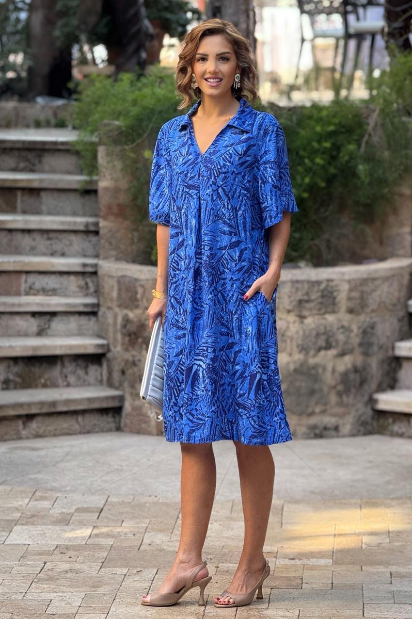 Mavi Yaprak Desen Gömlek Yaka %100 Pamuk Viskon Elbise