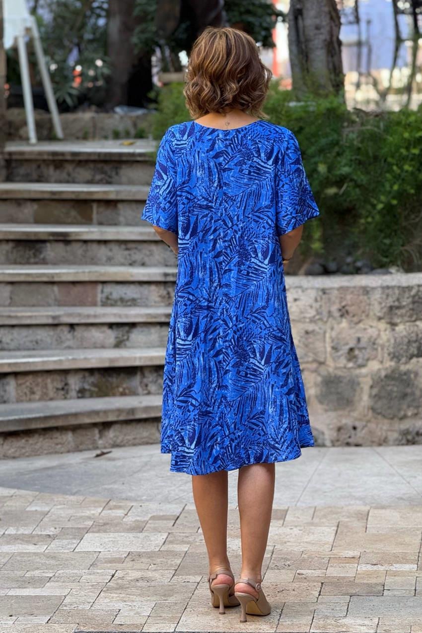 Mavi Yaprak Kayık Yaka %100 Pamuk Viskon Elbise