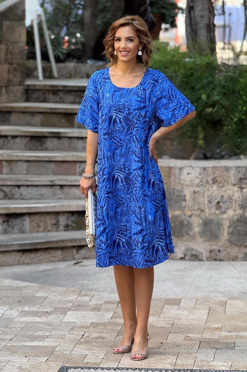 Mavi Yaprak Kayık Yaka %100 Pamuk Viskon Elbise