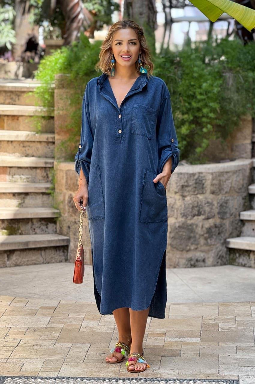 Mavi Yarım Parça Boya %100 Saf Pamuk Elbise