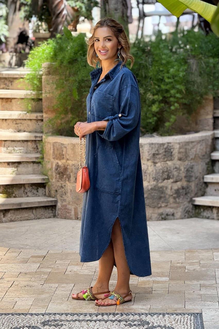 Mavi Yarım Parça Boya %100 Saf Pamuk Elbise