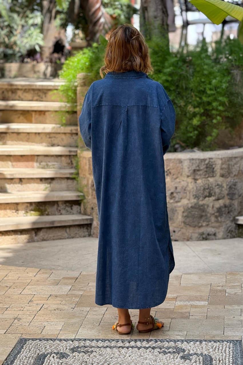 Mavi Yarım Parça Boya %100 Saf Pamuk Elbise