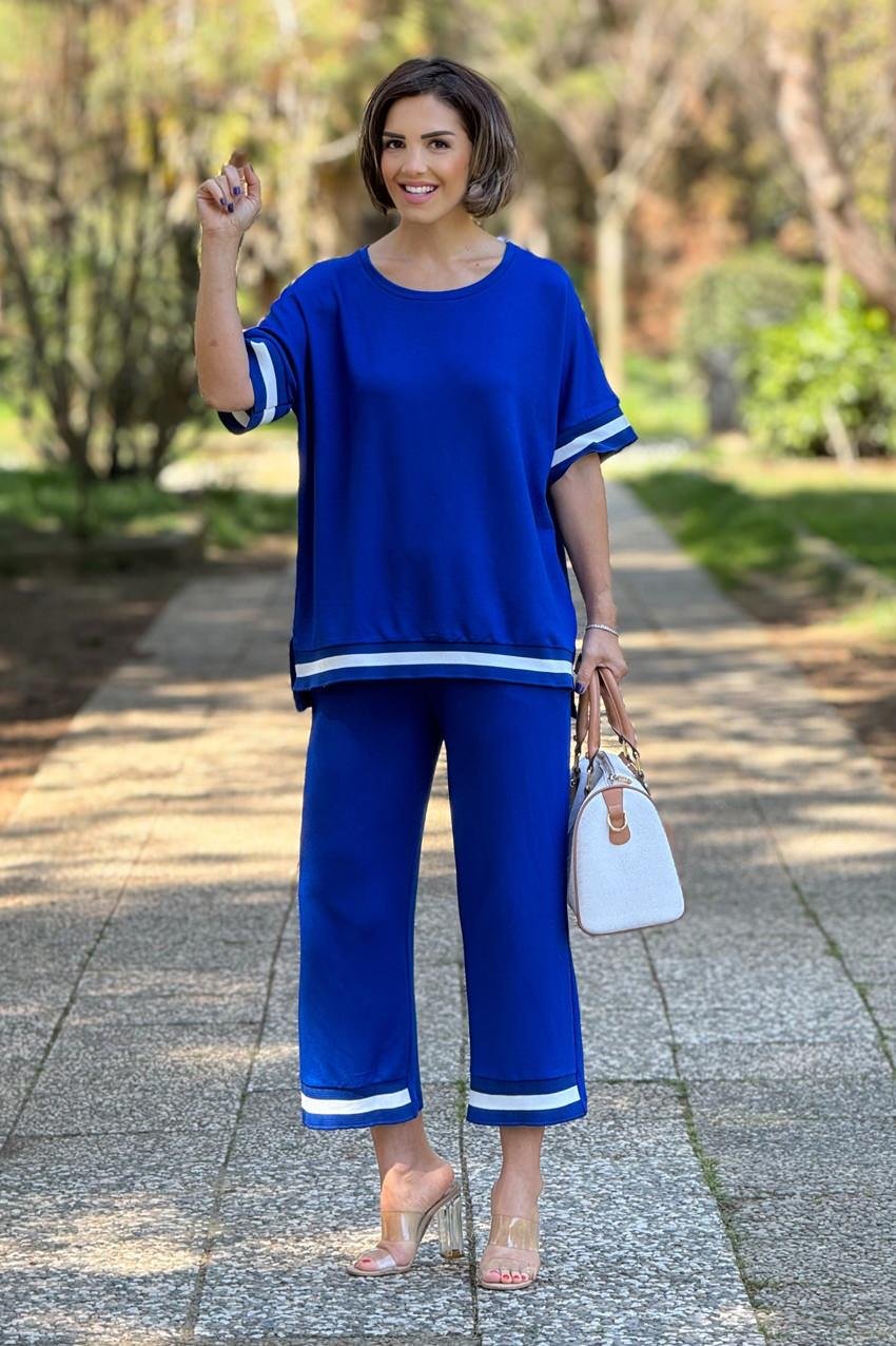 MaviRenk Ribanalı Pamuklu Pantolon Bluz İkili Takım