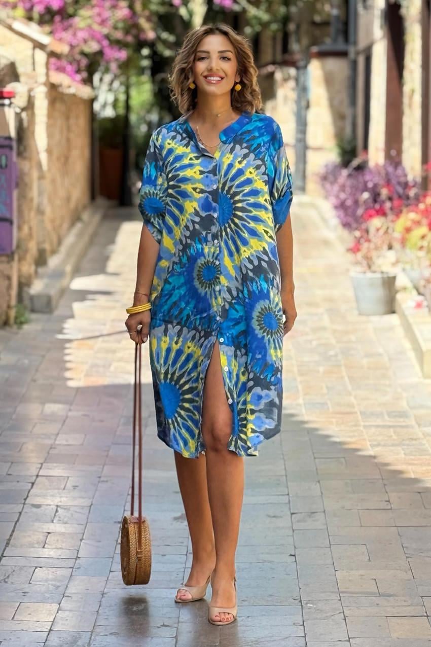 Midi Boy Mavi Etnik Desenli Gömlek Elbise