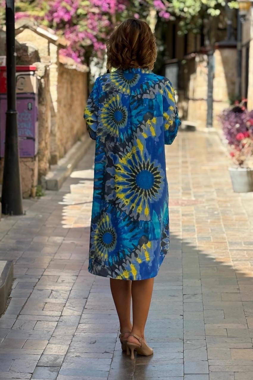 Midi Boy Mavi Etnik Desenli Gömlek Elbise