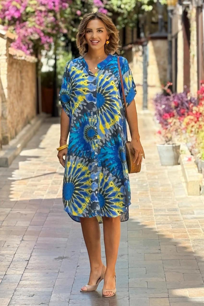 Midi Boy Mavi Etnik Desenli Gömlek Elbise