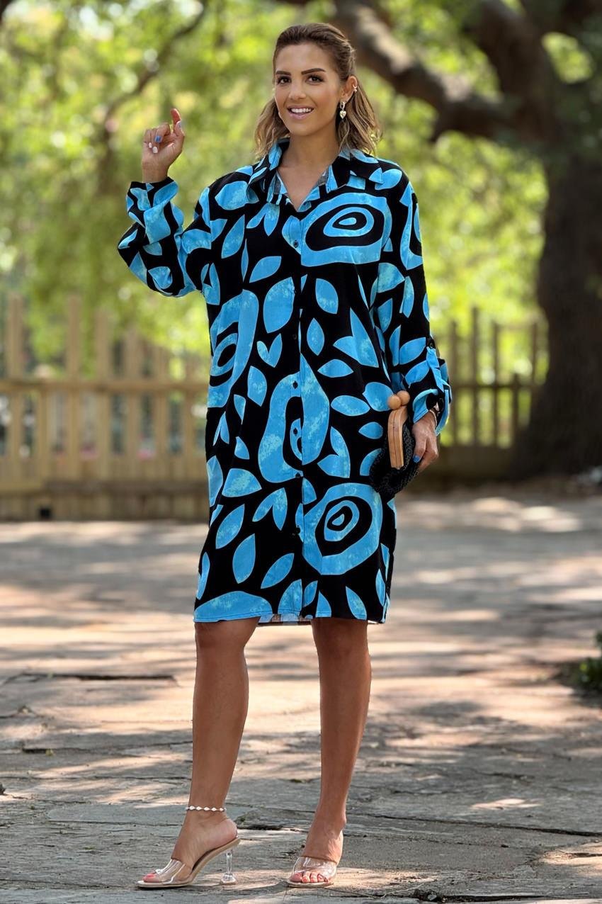 MİDİ BOY Mavi Hare Desenli Gömlek Elbise %100 Pamuk Viskon