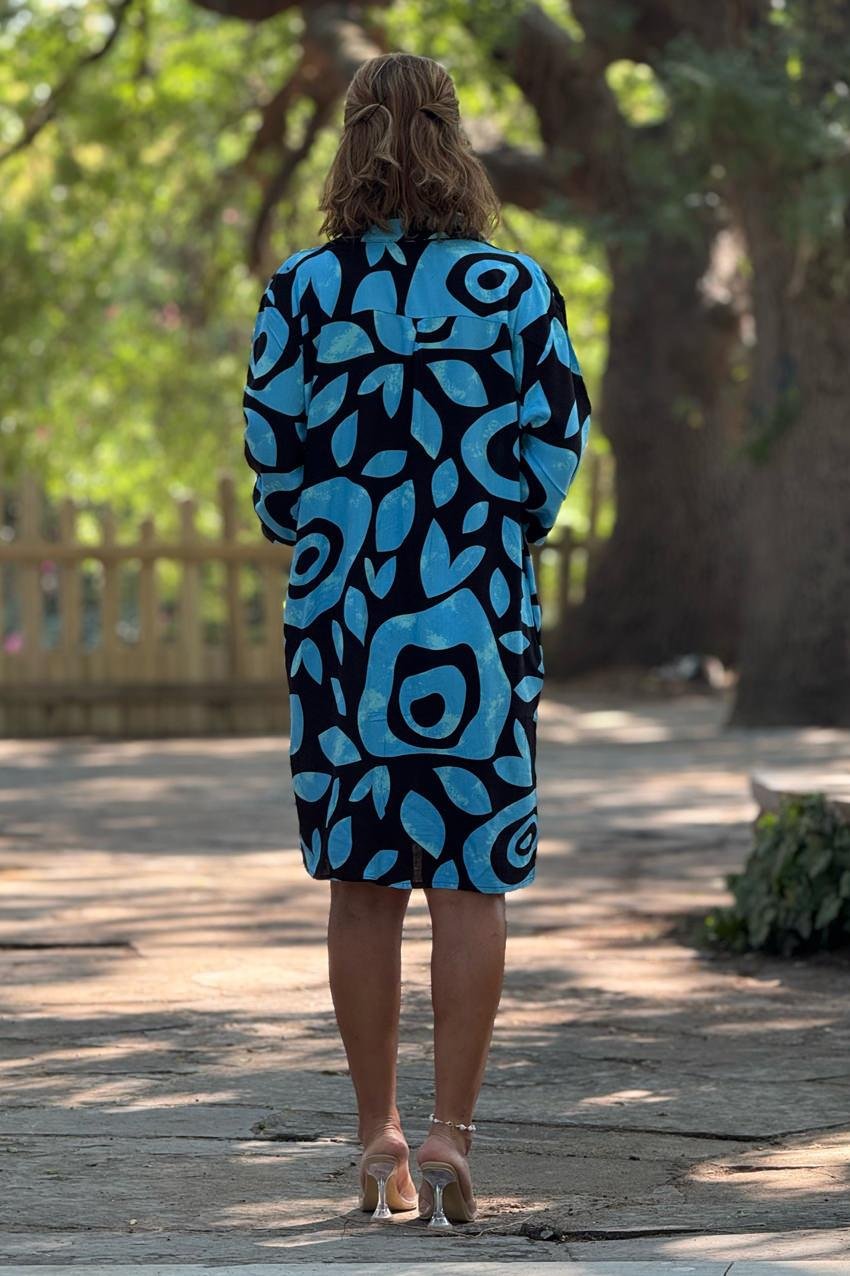 MİDİ BOY Mavi Hare Desenli Gömlek Elbise %100 Pamuk Viskon