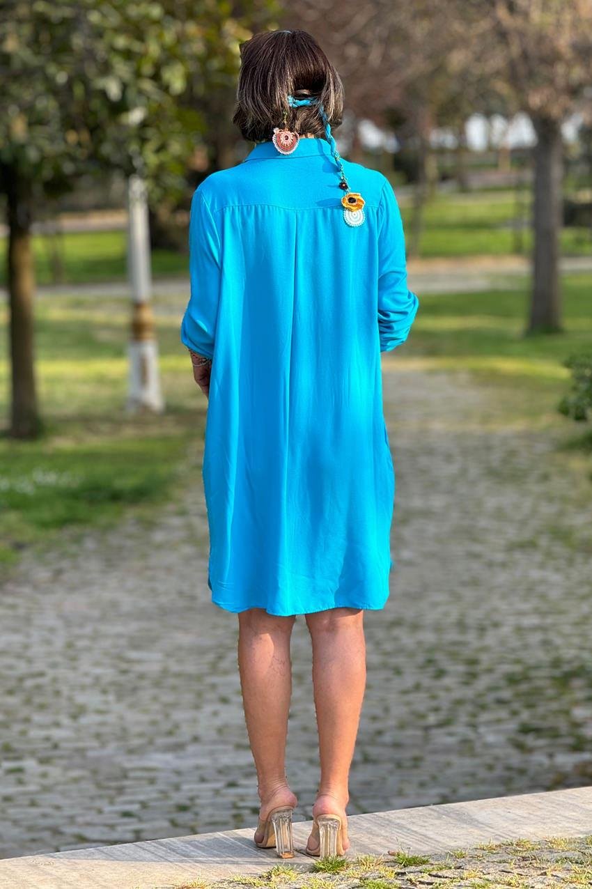 Midi Boy Turkuaz Renk Gömlek Elbise