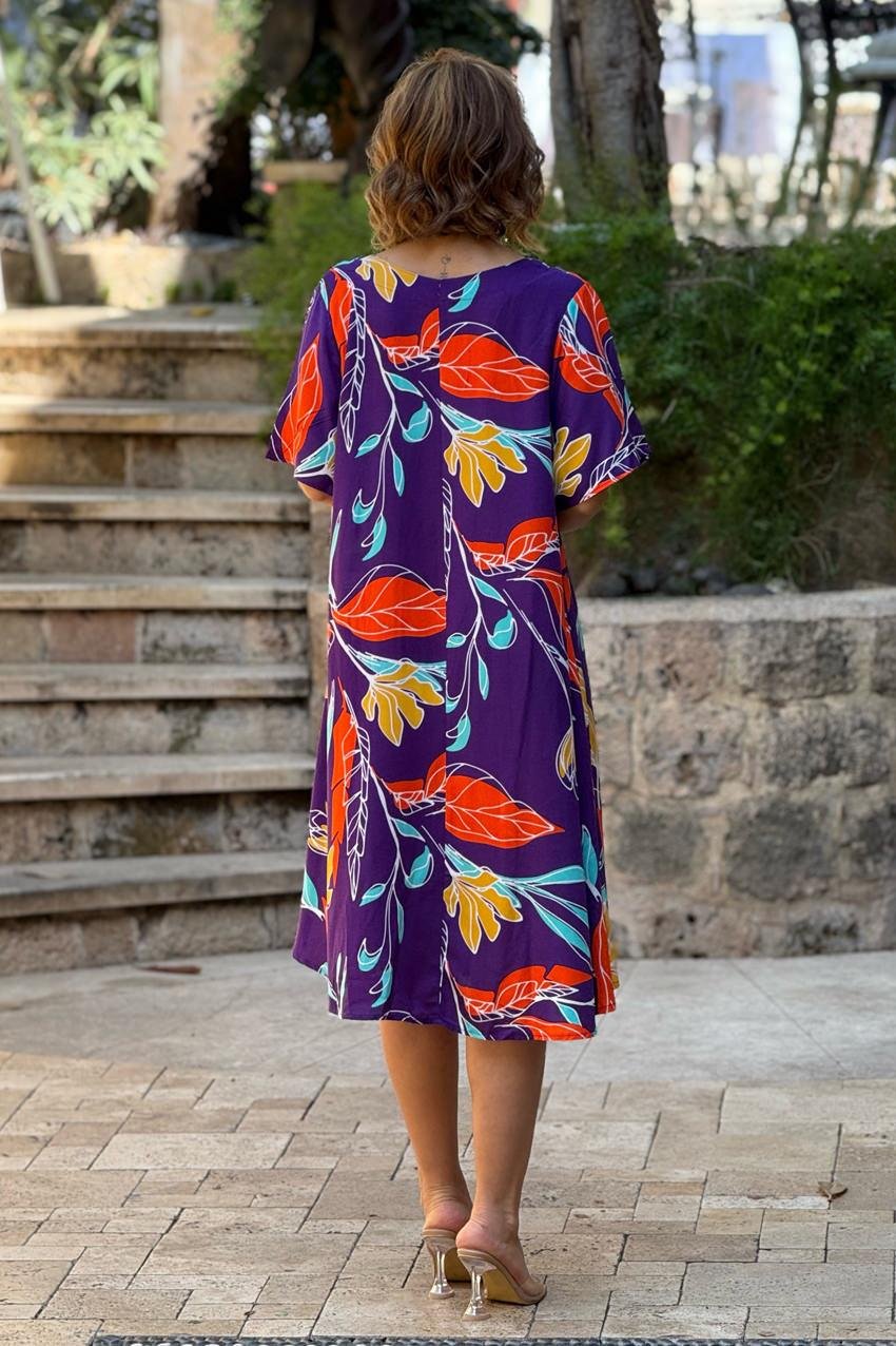 Mor Botanik Kayık Yaka %100 Pamuk Viskon Elbise