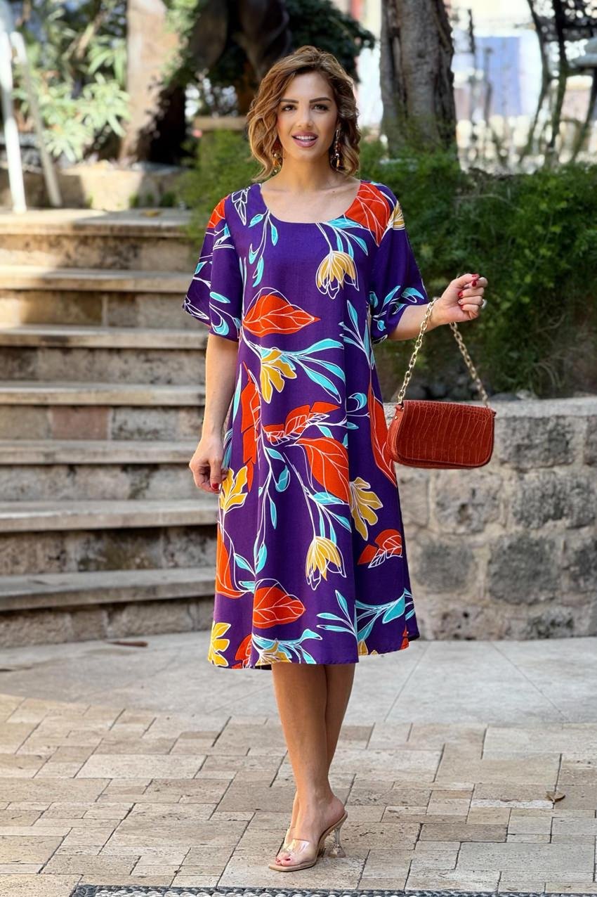 Mor Botanik Kayık Yaka %100 Pamuk Viskon Elbise