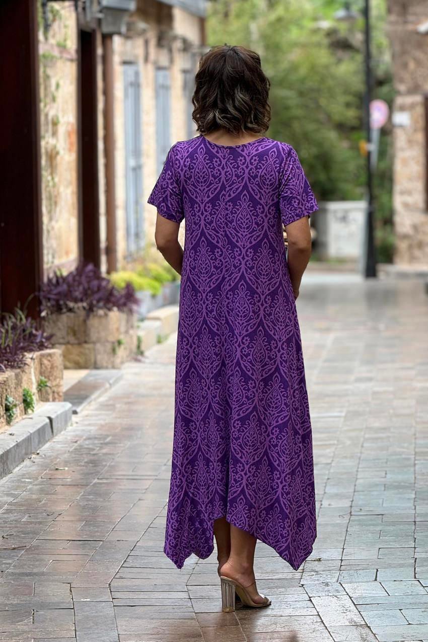 Mor Çini Desenli Verev Kesim Elbise