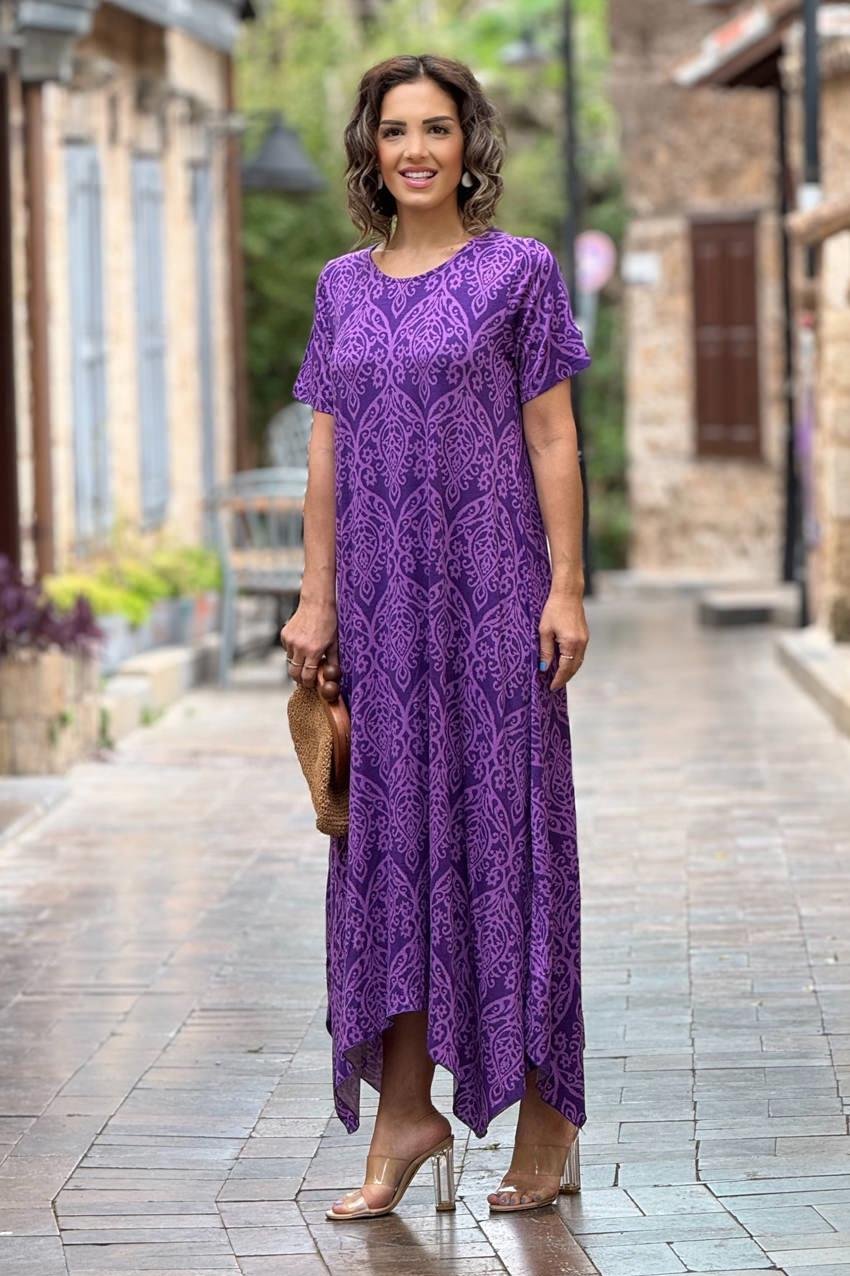 Mor Çini Desenli Verev Kesim Elbise