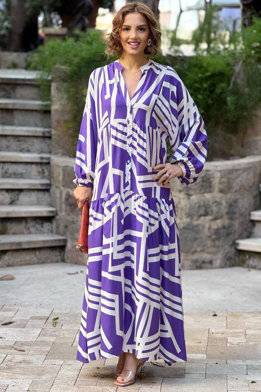 Mor Çubuk Desenli %100 Pamuk Viskon Elbise