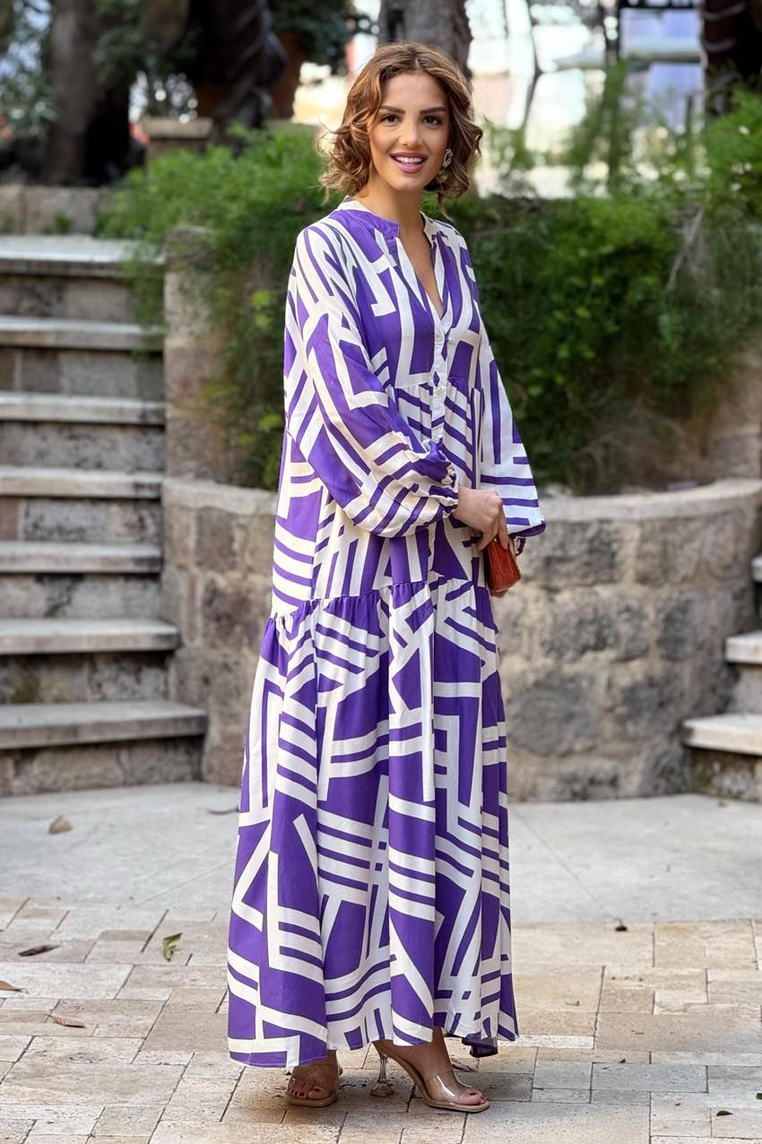 Mor Çubuk Desenli %100 Pamuk Viskon Elbise