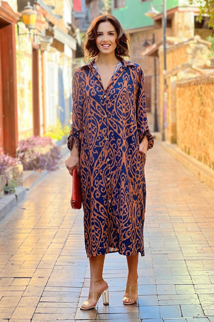 Mor Etnik Desenli Gömlek Elbise